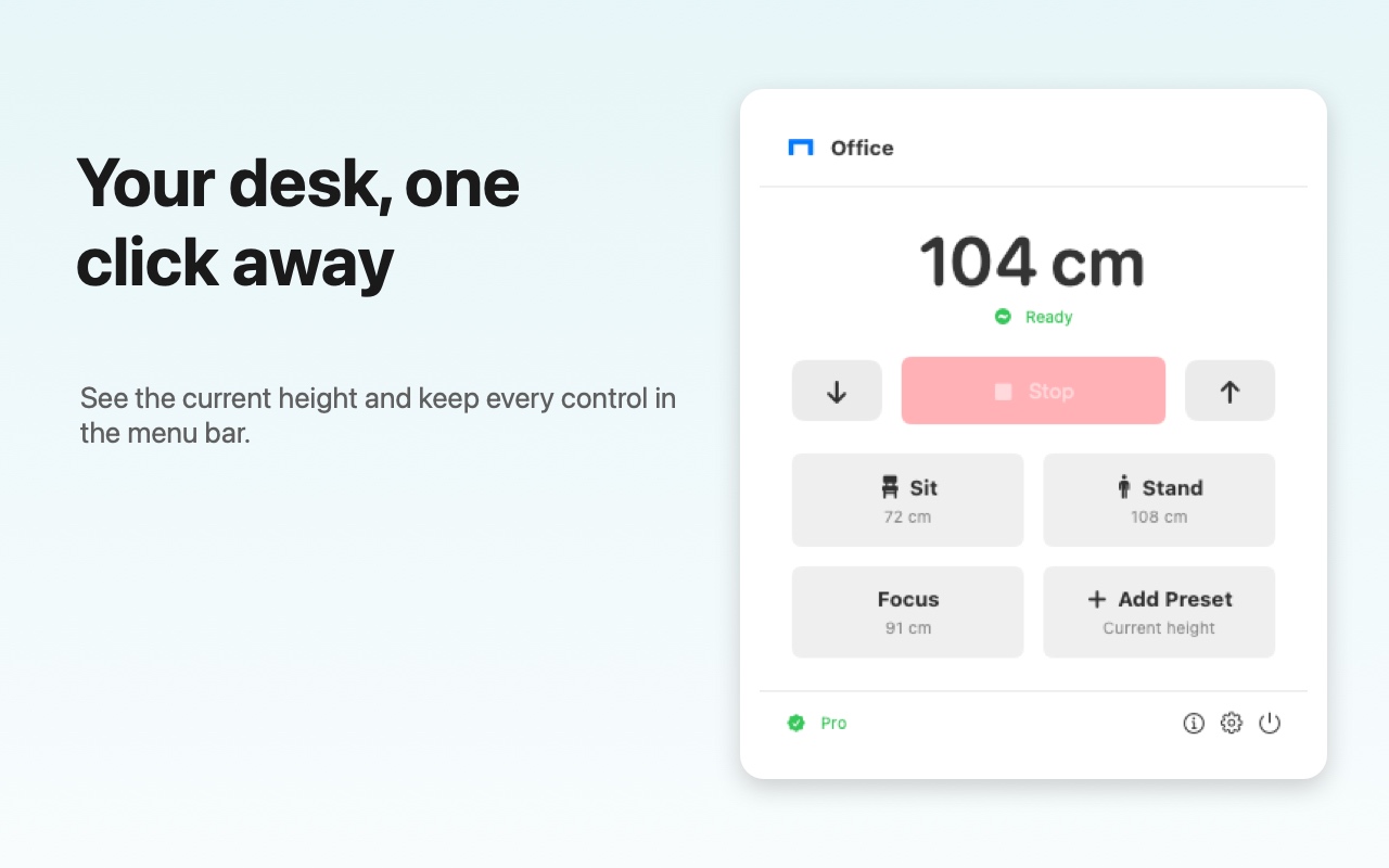 StandPilot menu bar window showing desk controls and height presets